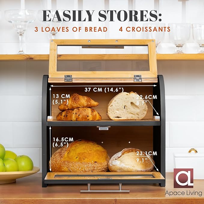 Arise Stylish Bamboo Bread Box for Kitchen Countertop, Extra Large 2-Shelf Wooden Bread Storage Container with Clear Windows and Air Vents Keep Bread, Bagels and Rolls Fresh, Self Assembly | Bread Storage Container with Clear Windows & Air Vents, Bread... - Image 4