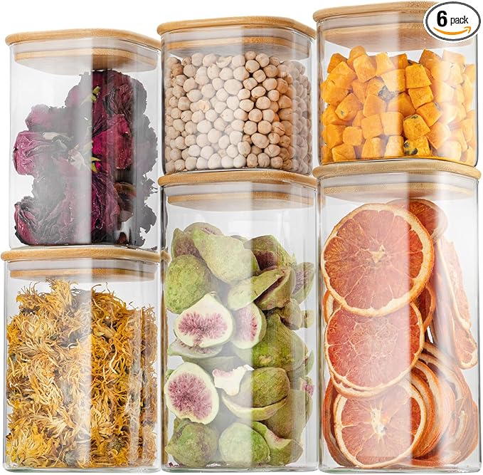 D2scrma Airtight Glass Square Storage Containers with Bamboo Lid Set of 6 (650ml*2/1100ml*2/1500ml*2) Stackable Jars, Kitchen Canister for Pantry Cereal, Nuts, Snacks and Coffee beans by Delicatedtoservicecustomer