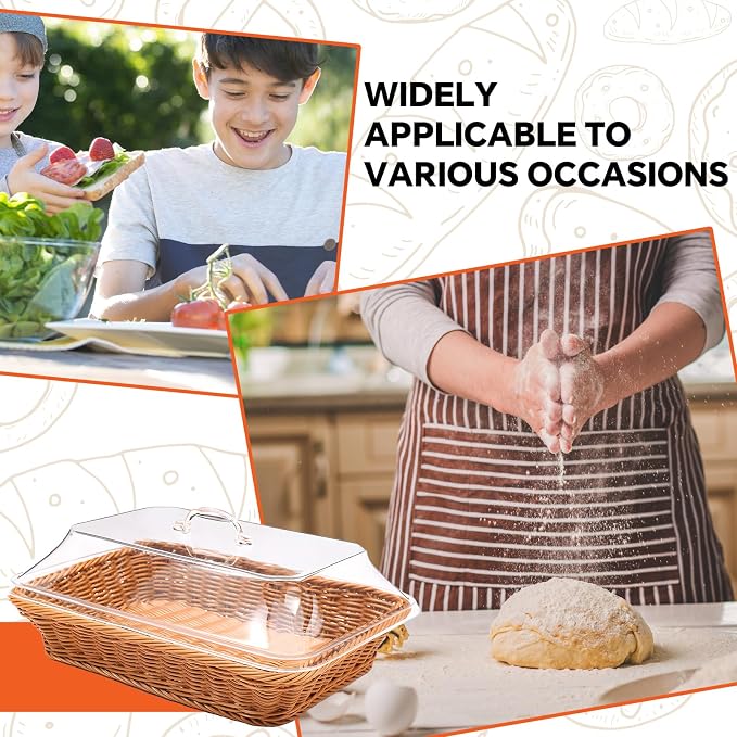 Rattan Bread Baskets, 3 Pack, rectangular Woven Baskets with Acrylic Lids, 13.8 x 9.8 inches, Stainless Steel Tongs, Lace Doilies, for Bread, Fruit, Food Display - Image 7