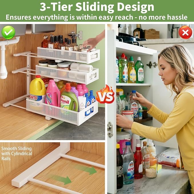 Under Sink Organizer,3-Tier Heavy Duty Pull out Cabinet Organizer Shelf | Height Adjustable,Thickened Metal,Slide out Storage Drawer Rack for Kitchen Bathroom Pantry Laundry Home Organization - Image 5