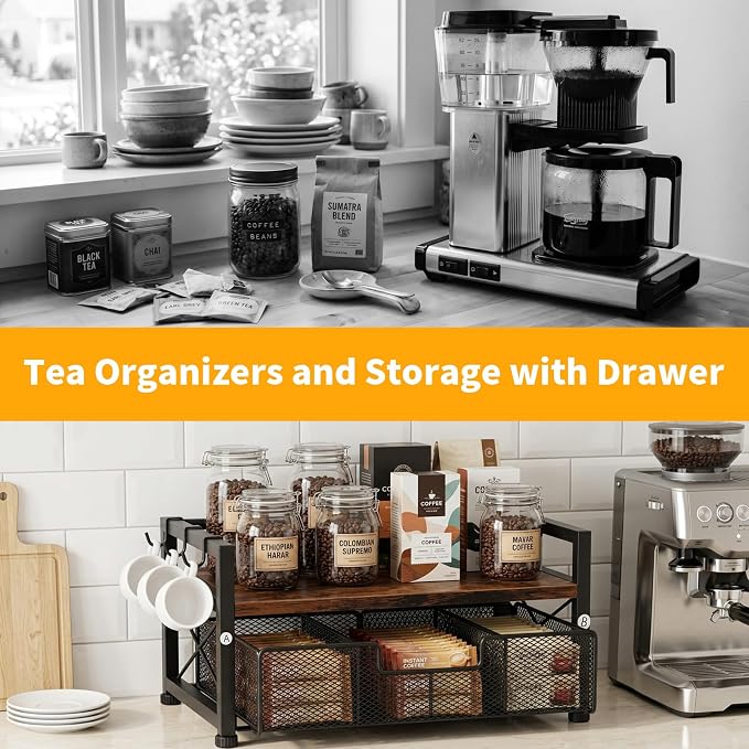 Tea Bag Coffee Bar Organizer,Teabag Holder & Coffee Station with Storage Drawer,Wood Tea Station Chest Display Container Box for Countertop Kitchen (Rustic Brown) - Image 3