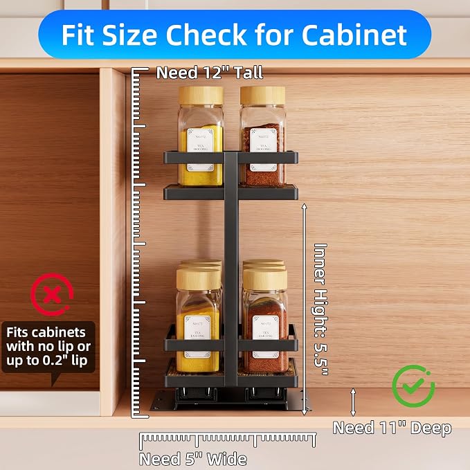 Pull Out Spice Rack 2-Tier Metal & Wood Seasoning Organizer | No-Drill Install | Full-Extension Silent Glide | Each Tier Holds 10–12 Standard Spice Bottles | Rustproof, Wipe-Clean Surface - Image 3