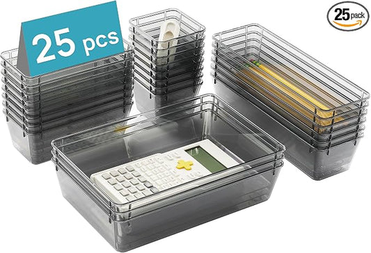 Vtopmart 25 Pack Plastic Drawer Organizers with Non-slip Rubber Pads | 4-Size Versatile Makeup Organizer, Storage Containers Small Bins for Makeup, Jewelries, Bedroom, Kitchen Utensils and Office by Vtopmart