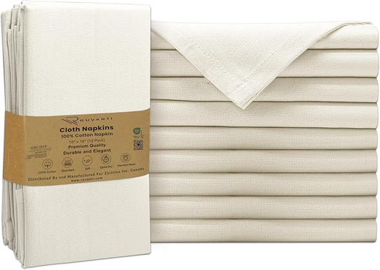 Ruvanti Cloth Napkins Set of 12, 100% Cotton High GSM 18x18 Inches Soft, Washable, Highly Durable & Absorbent, Perfect for Parties, Christmas, Thanksgiving Dinners – Antique White by Ruvanti