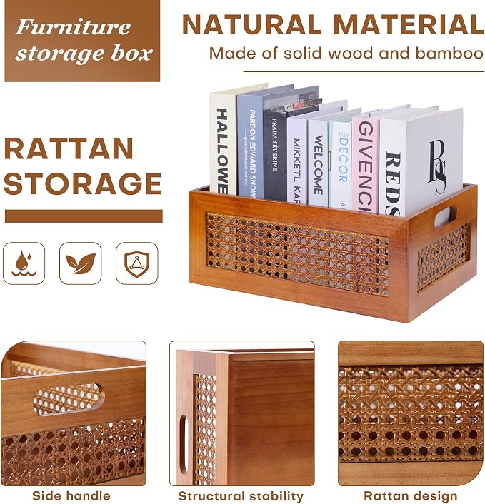 Rattan Wooden Box 15x11x6in Handmade Decorative Storage Basket with Handles | Natural Bamboo Woven Storage Basket Rustic Farmhouse Decor Home Office Tabletop Shelf Drawer Closet Desk Organizer, Brown - Image 3