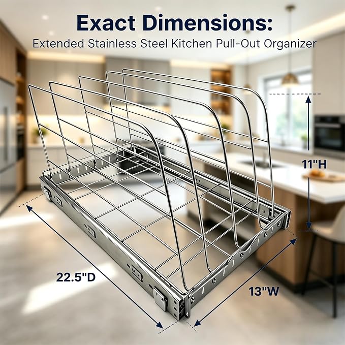 Pull Out Baking Pan Organizer for Cabinet, Cookie Sheet, Cutting Board, Tray Organizer for Cabinet, Adjustable, 22.5"D x11"H x 13"W, Pull/Slide Out Organizer-Heavy Duty, Chrome steel, 50-Year Warranty - Image 5