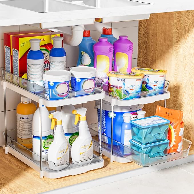 Delamu 2-Tier Multi-Purpose Bathroom Under Sink Organizers and Storage, Stackable Kitchen Pantry Organization, Pull Out Medicine Cabinet Organizer with Movable Dividers, White, 2 Pack - Image 8
