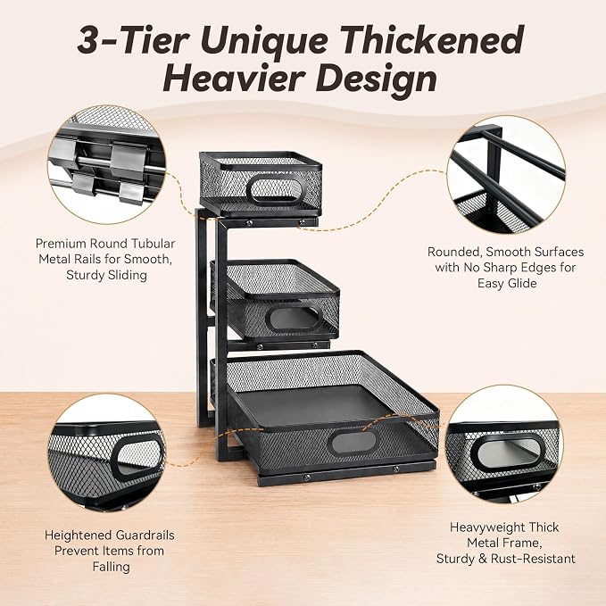 3-Tier Under Sink Organizer 2-Pack Organization for Bathroom Kitchen,Black | Thickened Metal Pull Out Cabinet Shelf Height Adjustable Slide Out Drawer Storage Rack for Pantry Laundry Home Office - Image 7