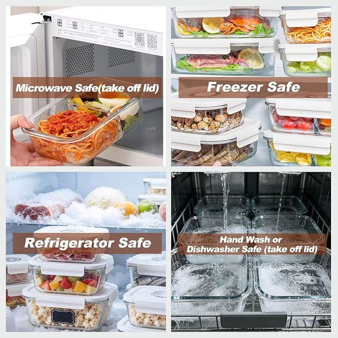 Glass Vacuum Food Storage Containers Set, 4 Pack 21 Oz 2-Compartment Meal Prep Bento Boxes with Handheld Vacuum Pump & 10 Reusable Sealer Bags for Kitchen Organization, Oven/Microwave Safe - Image 5