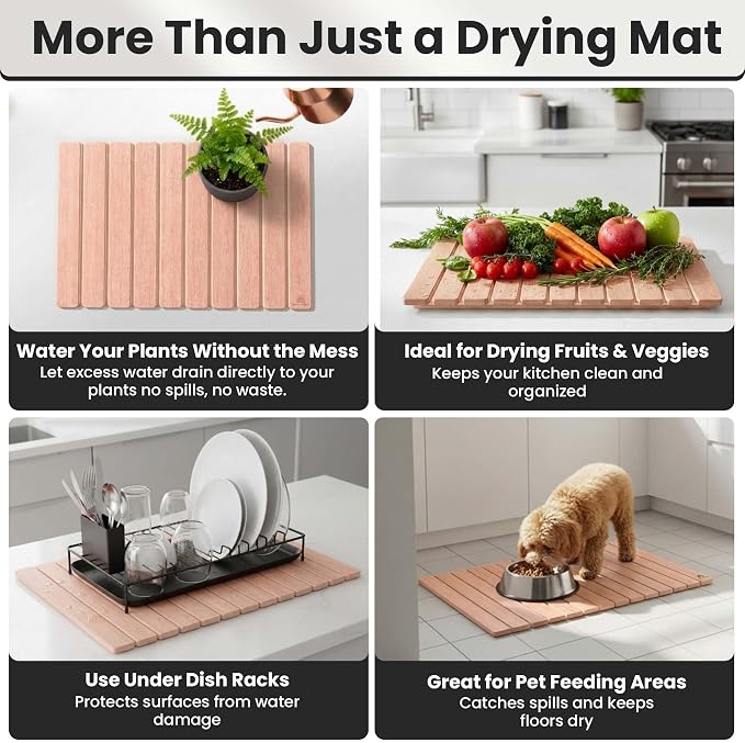 Large Stone Dish Drying Mat For Kitchen Counter | Non-Slip, Super Absorbent Diatomaceous Dish Dry Matt | Rollable Stone Drying Mat For Kitchen Counter, Heat-Resistant, Easy to Clean, Light Oak Color - Image 5