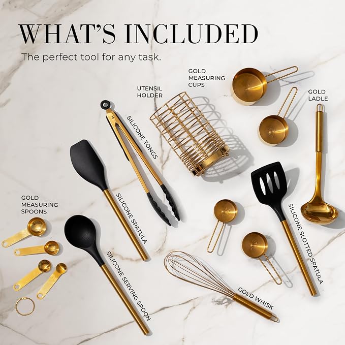 Styled Settings Black and Gold Kitchen Utensils Set, 15-Piece | Nonstick BPA-Free Silicone Cooking Utensils with Measuring Cups and Spoons - Luxury Kitchen Accessories for Stylish Cooking - Image 2