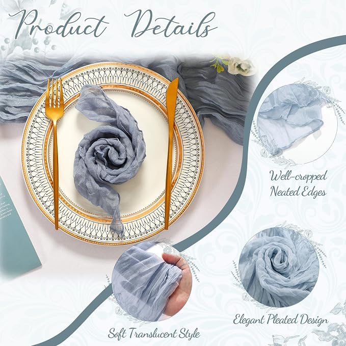 Pcs Cheesecloth Napkins and Table Runners Set, 10 ft Cheese Cloth Table Runners Boho Wedding Decor Rustic Wrinkled Gauze Napkins for Wedding Birthday Party Baby Shower(Gray Blue,26) - Image 3