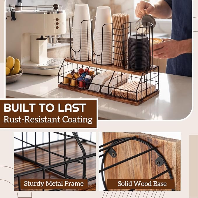 18oz Adjustable Coffee Cup Dispenser with Wooden Base, Cup and Lid Holder, Cups Holder Organizer for Coffee Pod Straw and Lid Storage(4-compartment Double,Color 5) - Image 6