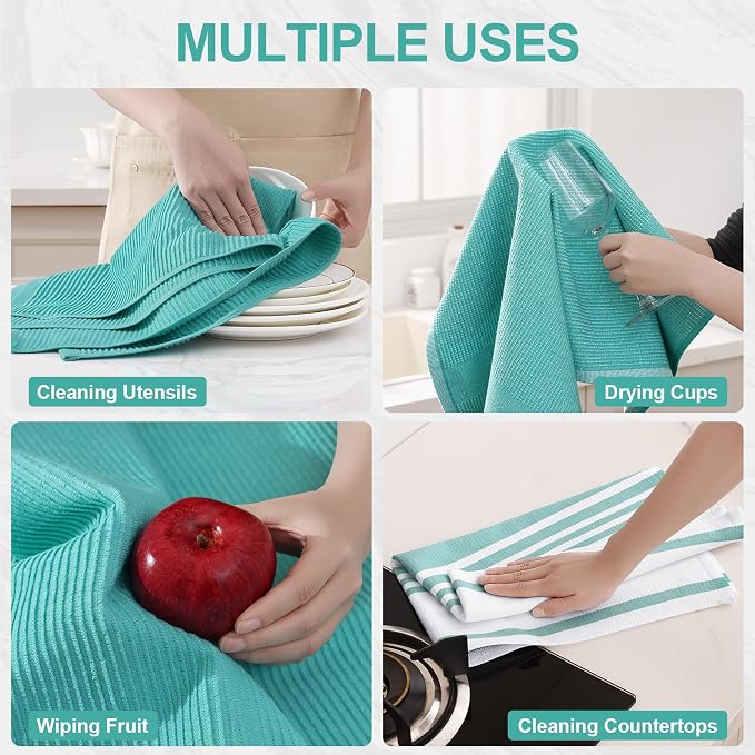Homaxy Cotton 380 GSM Premium Kitchen Towels, 18"x 28", 12 Pack, Teal | Soft and Absorbent Terry Dish Towels, Multipurpose Tea Towel Set with Hanging Loop, 3 Styles Kitchen Hand Towels - Image 4