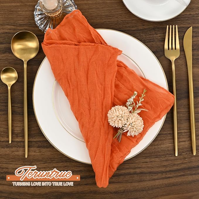 42 Packs Gauze Cheesecloth Napkins Orange 20 x 20 Inch Burnt Orange Wrinkled Dinner Napkins, Rustic Boho Soft Cloth Napkin for Wedding Party Event Dinner Table Decoration - Image 4