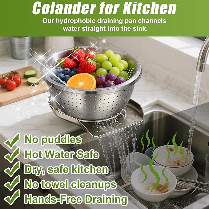 Palksky Stainless Steel Colander Set with Self-Draining Base, 3 Sizes Colanders & Food Strainers for Pasta, Rice, Fruits & Veggies, Metal Colander with Draining Plate for Sink or Countertop - Image 3
