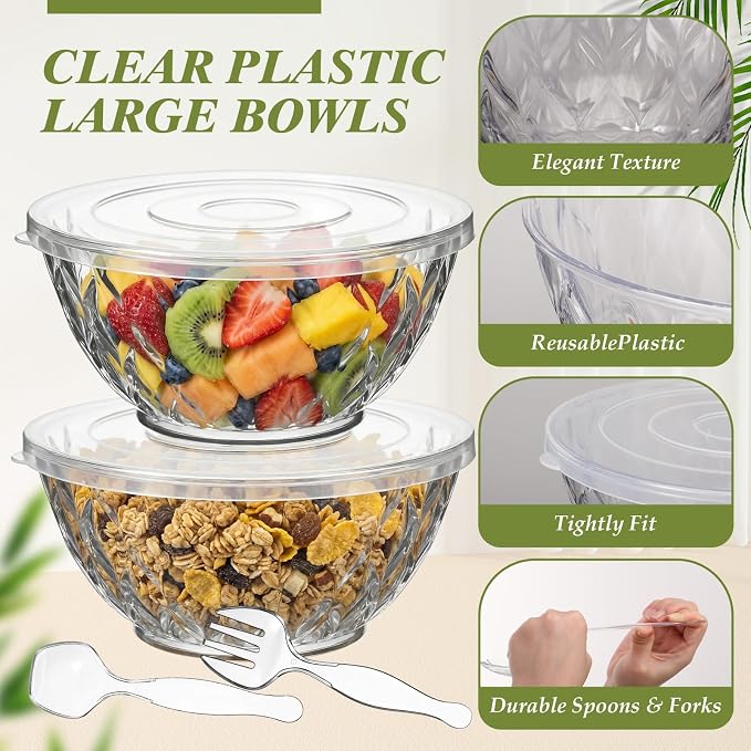 4 Pack Large Plastic Serving Salad Bowl Sets,Diamond | 4.5L,with Lids Forks Spoons,Disposable,Mixing Punch Bowls for party Eating Lunch Chip Candy Dish Meal - Image 3