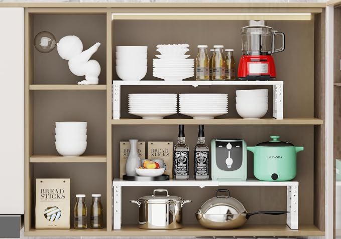 Jojocross Expandable Stackable Spice Rack Organizer for Kitchen Cabinet,Adjustable Counter Shelf, countertop, Pantry,Cupboard,Bathroom,Bedroom(3Packs/White/Medium) - Image 4