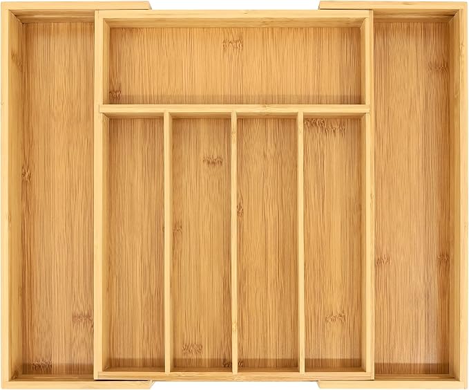 VaeFae Bamboo Drawer Organizer, Medium, Natural | Kitchen Utensil Holder, Multi-Function Drawer Storage，38 cm D x 29.2-45.7 cm W, 5-7 Slots, Natural by VaeFaeDirect