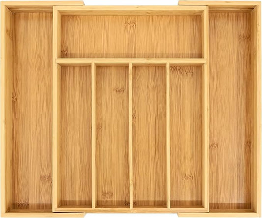 VaeFae Bamboo Drawer Organizer, Medium, Natural | Kitchen Utensil Holder, Multi-Function Drawer Storage，38 cm D x 29.2-45.7 cm W, 5-7 Slots, Natural by VaeFaeDirect