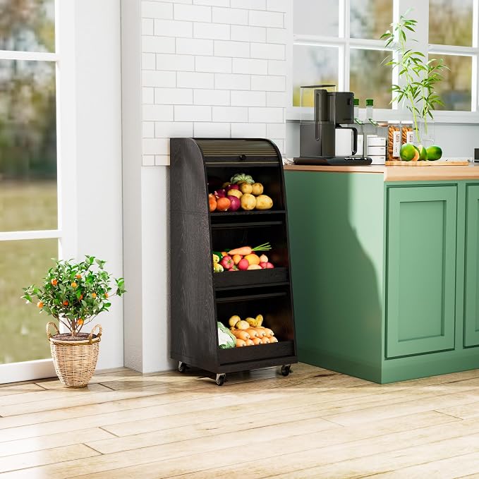 Movable Potato Storage Bins, Fruit Vegetable Basket, Kitchen Pantry Cabinet | Potato and Onion Storage Bin, for Bread, Mid Century Modern, Wooden, with Sliding Door and Wheels, Flip top, 3 Tier, Black - Image 7