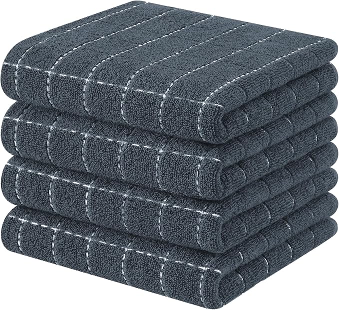 Kitinjoy 100% Cotton Terry Kitchen Towels, 13”x 28”, 4-Pack, Dark Grey | Checkered Designed, Ultra Soft Absorbent Quick Drying Dish Towels by Kitinjoy