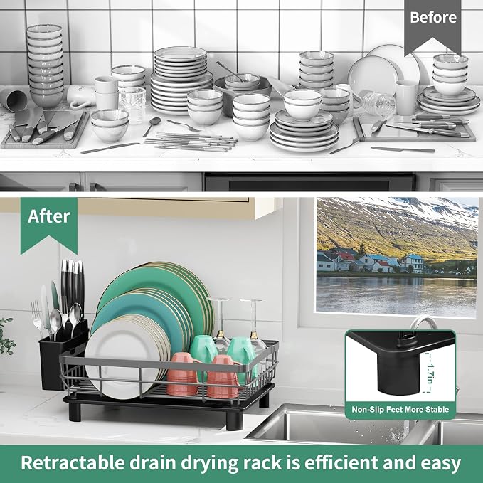 MOUKABAL Dish Drying Rack with Drainboard for Kitchen Counter, Grey | 13×17 Large Capacity/Rustproof Stainless Steel/Fast Drainage Dish Drainer/Removable Utensil Holder/Kitchen Counter Organizer - Image 7