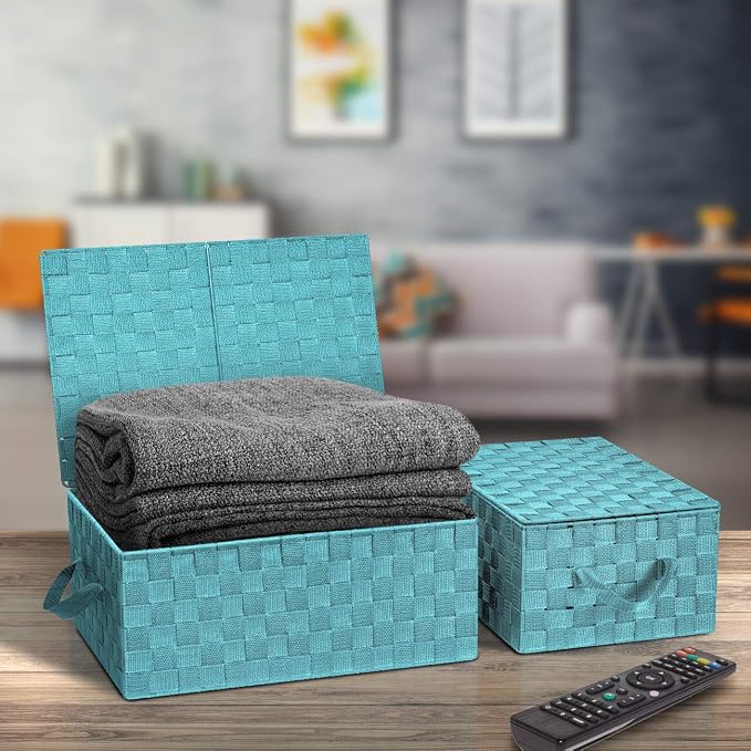 Sorbus Set of 3 Hand-Woven Storage Baskets with Lids (Aqua) – Mesh Bins for Closet, Shelf, or Pantry Organization – Variety Pack for Home and Office Storage - Image 2
