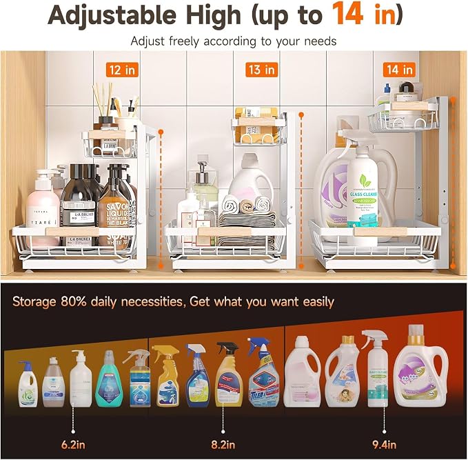 2-Pack 2-Tier Height Adjustable Under Sink Organizer & Storage | Multi-purpose storage for kitchen & bathroom cabinet. Extra Large white shelf, height adjustable design for space-saving. - Image 3