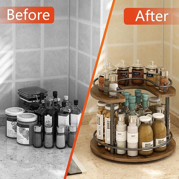 2 Tier Lazy Susan Organizer,2-Tier Spinning Spice Rack with Stable Carousel Base & 4 Height Settings for Cupboard Kitchen Countertop Dining Table Cupboard (Round) - Image 6