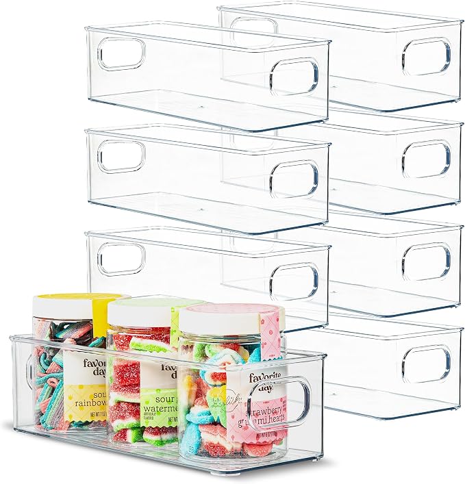 Plastic Food Storage 8 Pack Clear Container Bin with Handles for Organizing Kitchen, Pantry, Fridge, Freezer, Pantry,Bathroom. 10"x4"3" by primebox