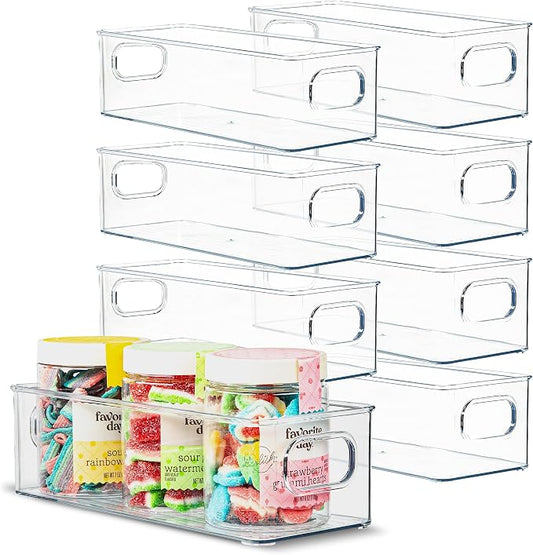 Plastic Food Storage 8 Pack Clear Container Bin with Handles for Organizing Kitchen, Pantry, Fridge, Freezer, Pantry,Bathroom. 10"x4"3" by primebox