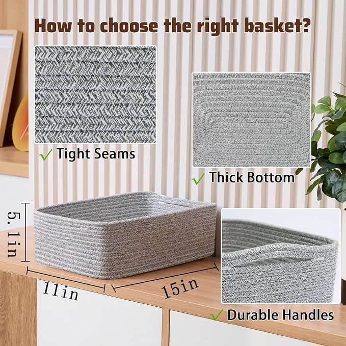 MiniArk Large Shallow Organizing Baskets 15x11x5.1 Inches - Rope Woven Storage Bins for Bathroom, Shelves, Cube Closet, Mixed Grey 3 Packs - Image 2