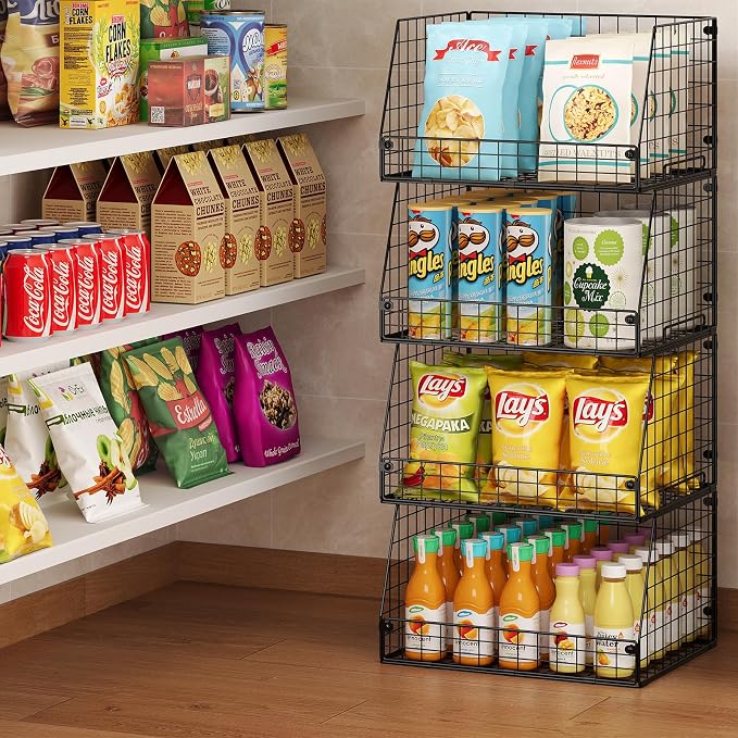 Jakyitvi 4 Pack XXL Stackable Wire Storage Basket, Extra Large Capacity Pantry Organizer and Storage, Muti-Purpose for Vegetable Fruit Basket & Can Organizer & Snack Rack & Metal Pantry Bin - Image 4