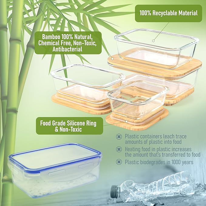 Set of 4 Stackable Space-Saving Nesting Glass Containers with Airtight Bamboo Lids - Lunch, Meal & Food Prep - Microwave & Oven Safe BPA Free Durable Heat Resistant Inert Borosilicate Glass - Image 6