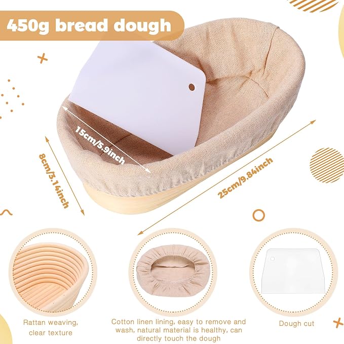 4 Pieces Oval Bread Banneton Proofing Basket 10 Inch Rattan Sourdough Bread Baskets Banneton Dough Proofing Bowls with Liners and Scatters for Home Sourdough Baking(Oval) - Image 2