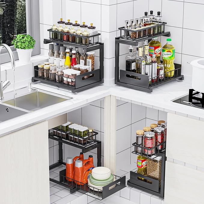 Under Sink Organizer, Heavy Duty Metal Pull Out Cabinet Organizer Slide Out Sink Shelf Organizer Height Adjustable, Multi-Purpose Storage Shelf for Kitchen Bathroom(Black,2Pack) - Image 4