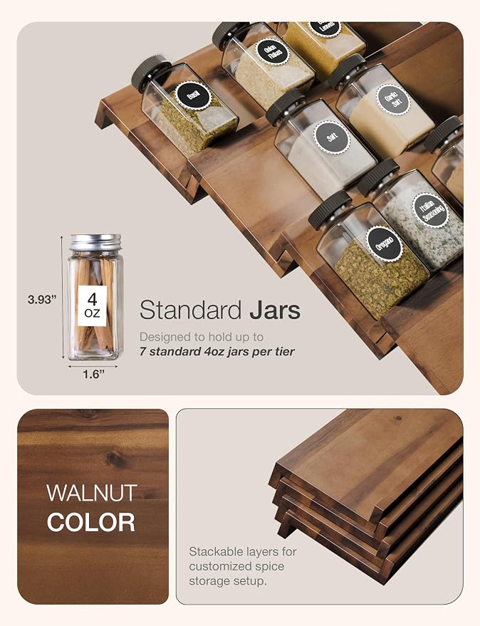 Tinamo Acacia Wooden Spice Rack Organizer for Cabinet - Spice Drawer Insert, Spice Organization for Cabinet, Seasoning Organizer, Spice Holder Pack of 8 (Walnut, Pack 8) | Acacia Wood Construction, No assembly, Stackable 4-tray design, Spacious for up ... - Image 3