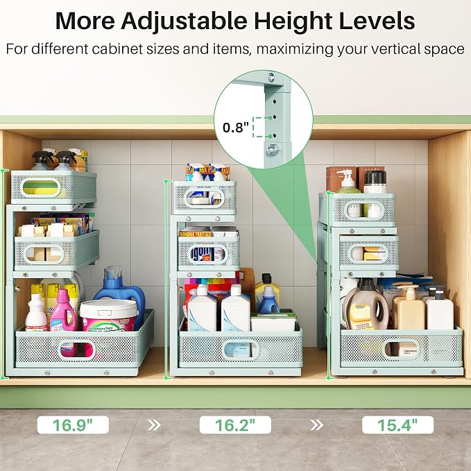 Under Sink Organizer, 1-Pack 3-Tier Height Adjustable Thickened Metal Pull out Cabinet Organizer Shelf, Slide out Storage Drawer Rack for Bathroom Kitchen Pantry Home Organization, LightBlue - Image 8