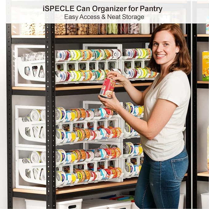 Can Organizer for Pantry - Auto-Rolling, Expands to Hold 60 Cans | White, Stackable, For Walk-in Pantry Shelves, Adjustable Width for Soda, Soup and Food Cans, Easy Access & Restocking - Image 2