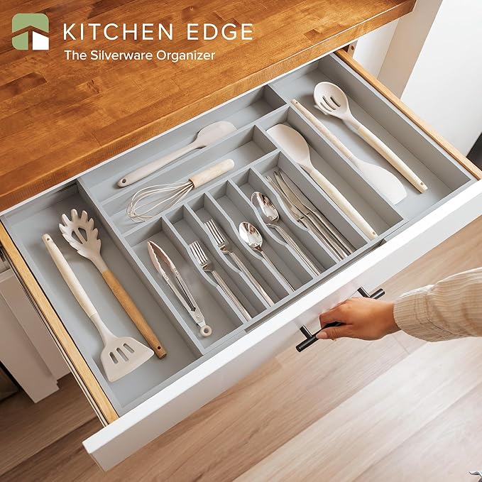 Silverware & Utensil Drawer Organizer, 18-33 in, Gray Bamboo | Cutlery, flatware, food-safe contract grade, kitchen drawer fit - Image 2