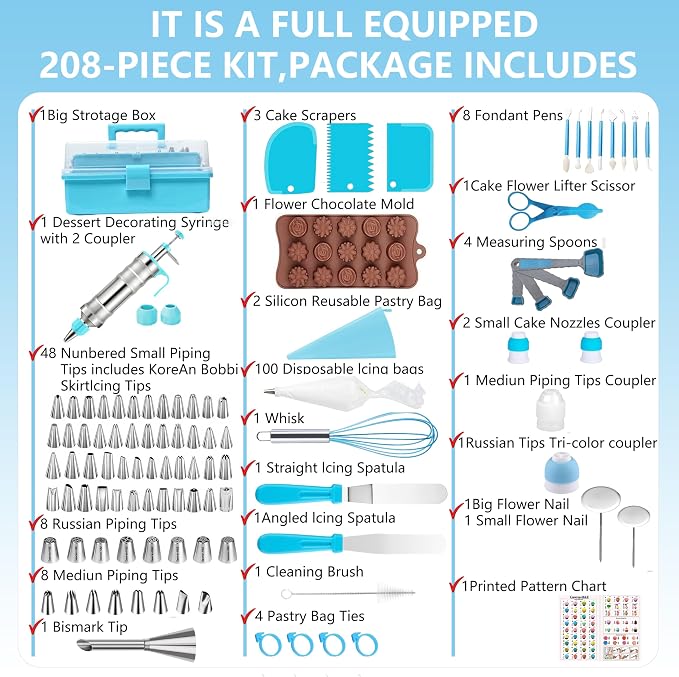 Gawren-H&E 208PCS Cake Decorating Kit with Icing Dispenser Gun for Beginner | Cake Decorating Supplies with Frosting Piping Kit,Piping Bags and Tips Set,Spatulas,Chocolate Moulds and more-Baking Supplies - Image 2