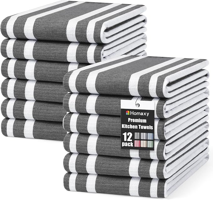 Homaxy Premium Cotton Stripe Kitchen Towels 12 Pack, 18"x 28", Black | Large 380 GSM Kitchen Hand Towels, Soft Terry Dish Towels, Highly Absorbent Tea Towel Set with Hanging Loop by Homaxy