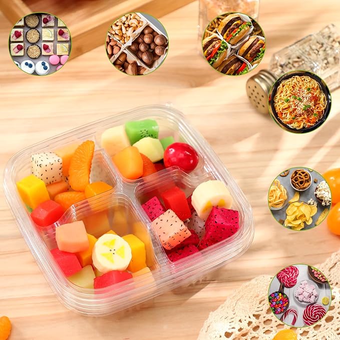100 Pack 4-compartment Bento Snack Boxes with Lids Divided Lunch Containers for Travel School Camping Outdoor Home (Clear) - Image 4