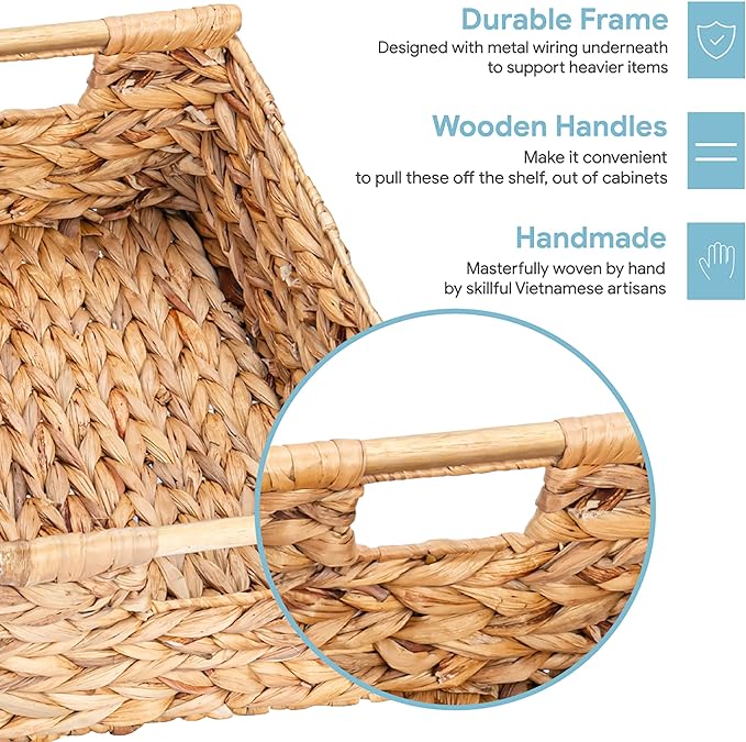 VATIMA Hyacinth Large Wicker Basket 15.5x10.8x6.2" | Rectangular, Wooden Handles, Shelf Organizer - Image 2