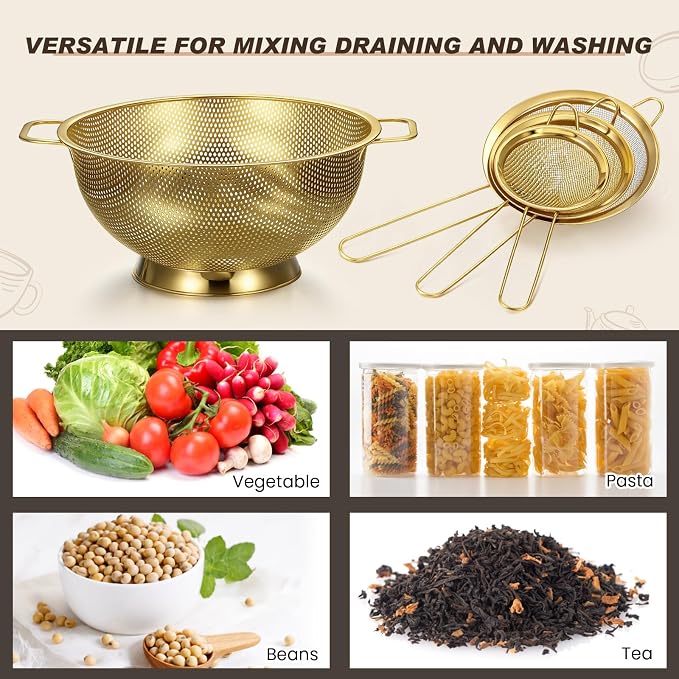 Norme 4 Quart Stainless Steel Gold Colander and 3 Pcs Gold Fine Mesh Strainer, Stainless Steel Pasta Rice Food Metal Strainer with Handles, Easy Clean and Dishwasher Safe - Image 4