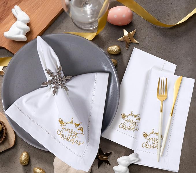 Bedding Craft Cotton Cloth Dinner Napkins Set of 12 – 18x18 White with Gold Embroidery – Reusable Machine Washable Fabric Napkins for Weddings, Parties & Everyday Dining - Image 2