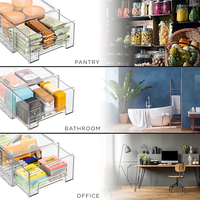 Sorbus Medium Clear Storage Drawers (2 Pack) – Stackable Organizer Drawers for Fridge, Pantry, Kitchen – Pull-Out Storage Bins with Handles, Slide Out Acrylic Drawers - Image 5