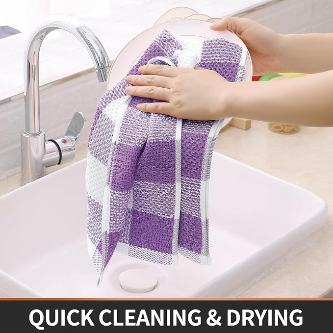Homaxy Kitchen Towels and Dishcloths Set, Set of 8, White & Purple | Bulk Cotton Waffle Weave Check Plaid Kitchen Towels, Super Soft and Absorbent Dish Cloths, 12 x 12 and 13 x 28 Inches - Image 5