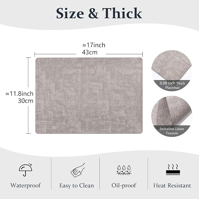 FROMHEART Faux Leather PU Placemats Set of 12 (Light Grey,11.8" x 17") | Waterproof,Heat/Oil Stain-Resistant Table Mat–Reversible,Non-Slip,Easy to Clean Place Mats for Kitchen,Dining,Indoor/Outdoor - Image 3